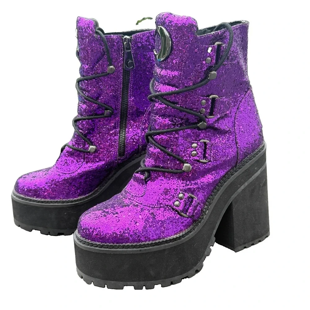 Size 8 Broom Rider Purple Glitter Platform Boots Women's Witchy Goth Festival